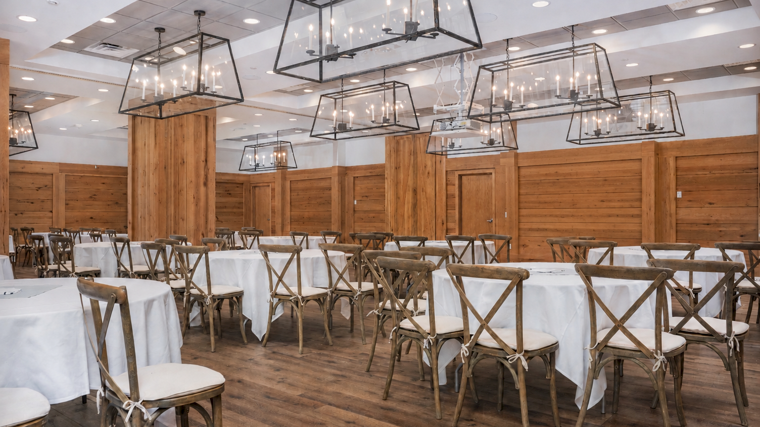 A banquet hall set with white tablecloths, wooden X-back chairs, and hanging lantern-style chandeliers in a wood-paneled room.