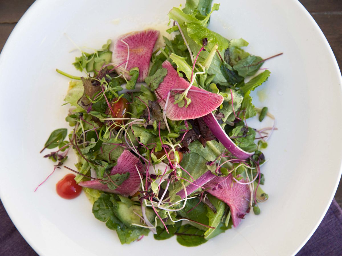 A plate of mixed greens with sliced radishes, sprouts, and a little sauce, ready to eat.