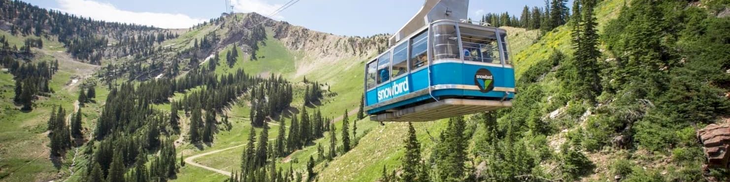 A blue gondola cable car swings over a lush green mountain valley with pine forests and winding trails under a blue sky.