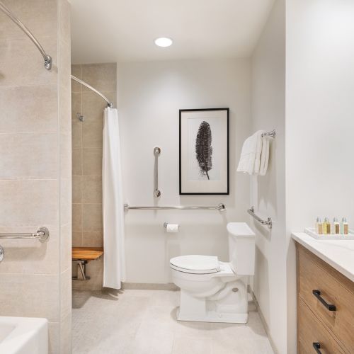 A modern bathroom with a glass shower, toilet, and vanity sink, plus white towels and a framed feather print.